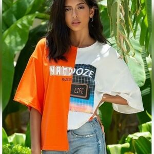 NAM DOZE Graphic Tee Color Block Asymmetrical Oversize Wm XS Orange White